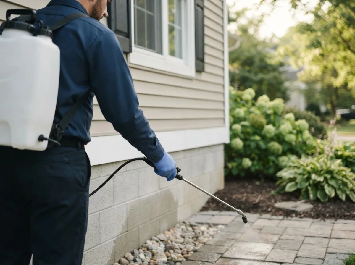 Pest control technician inspecting a home in Rowe, MA